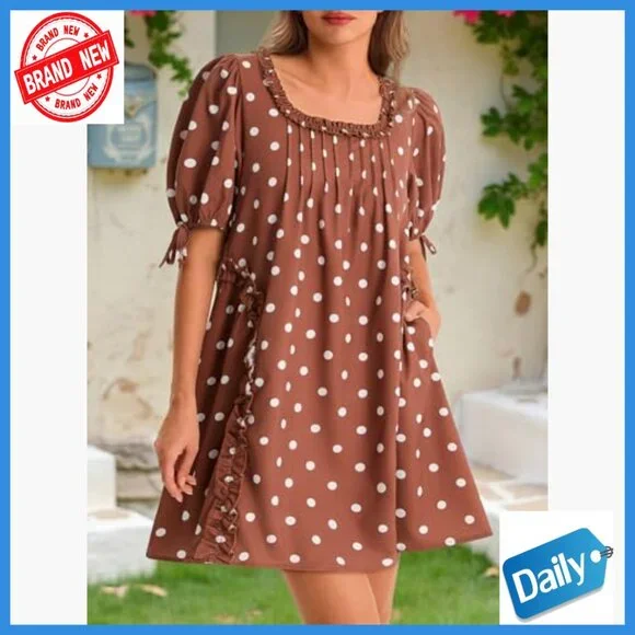 Babydoll Mini Dress with Pockets, Polka Dot, Square Neck, Short Sleeve - Picture 3 of 6